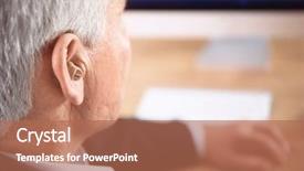  Presentation with hearing aid - Presentation design featuring mature man with hearing aid background and a coral colored foreground