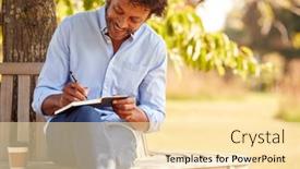  Presentation with man sitting bench - Slide set having mature-man-with-takeaway-coffee background and a lemonade colored foreground