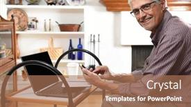  Presentation with laptop - PPT theme featuring mature-man-working-from-home background and a coral colored foreground