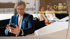  Presentation with phone meeting - PPT theme with mature-manager-in-wireless-earphones background and a tawny brown colored foreground