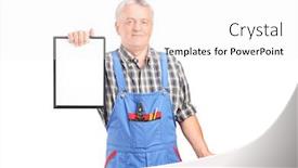  Presentation with mechanic - Amazing PPT layouts having mature mechanic holding wrench and a clipboard isolated on white background backdrop and a sky blue colored foreground