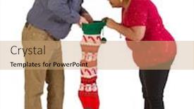  Presentation with christmas stocking - Slide set with mature mixed race couple looking into a christmas stocking background and a coral colored foreground