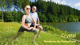  Presentation with gymnastics - Audience pleasing PPT theme consisting of mature or senior couple in jogging gear doing sport and physical exercise outdoors stretching and gymnastics backdrop and a gold colored foreground