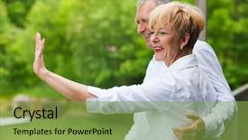  Presentation with goodbye - Beautiful presentation theme featuring farewell seniors - mature or senior couple backdrop and a seafoam green colored foreground