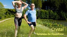  Presentation with gymnastics - Amazing slides having mature or senior couple in jogging gear doing sport and physical exercise outdoors stretching and gymnastics backdrop and a tawny brown colored foreground