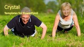  Presentation with exercise sport - Presentation having mature or senior couple in jogging gear doing sport and physical exercise outdoors pushups background and a tawny brown colored foreground