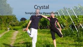  Presentation with gymnastics - Slides featuring mature or senior couple in jogging gear doing sport and physical exercise outdoors in a vineyard stretching and gymnastics background and a light blue colored foreground