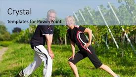  Presentation with gymnastics - Slides enhanced with mature or senior couple in jogging gear doing sport and physical exercise outdoors in a vineyard stretching and gymnastics background and a light blue colored foreground