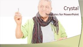  Presentation with pallet - Cool new theme with mature painter holding paintbrush and color pallet isolated on white background backdrop and a sky blue colored foreground