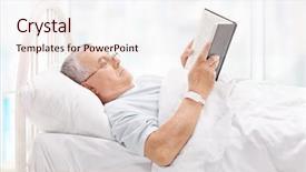  Presentation with hospital bed - Cool new slide deck with mature patient lying in bed and reading a book in a hospital backdrop and a sky blue colored foreground