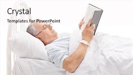  Presentation with hospital bed - Theme enhanced with mature patient reading a book and lying in a hospital bed covered with a white blanket isolated on white background background and a white colored foreground