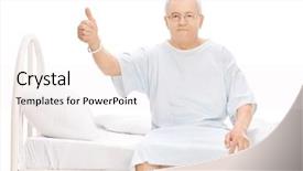  Presentation with hospital bed - Presentation consisting of mature patient sitting on a hospital bed giving a thumb up and looking at the camera isolated on white background background and a white colored foreground