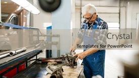  Presentation with car service - Audience pleasing presentation theme consisting of mature professional repairman of car maintenance service standing by workbench while fixing motor parts with wrench backdrop and a mint green colored foreground
