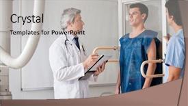  Presentation with radiologist - Presentation theme having mature radiologist and technician conducting background and a light gray colored foreground