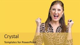  Presentation with rich - Slide deck having mature rich woman wearing leopard background and a yellow colored foreground