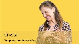  Presentation with rich - Slide set consisting of mature rich woman wearing leopard background and a yellow colored foreground