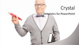  Presentation with hand holding pencil - Slide set featuring mature school teacher holding a big red pencil in one hand and a book in the other isolated on white background background and a white colored foreground