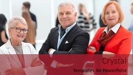  Presentation with managers - PPT theme having mature-smiling-business-managers-crossing background and a crimson colored foreground