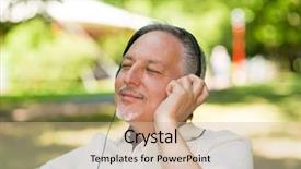  Presentation with dancer music outdoor - Presentation theme having mature smiling man listening music background and a soft green colored foreground