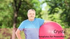  Presentation with pilates - Amazing slides having mature sporty man holding a pilates ball in park backdrop and a coral colored foreground