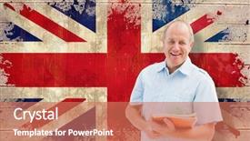  Presentation with union jack - Colorful presentation theme enhanced with mature student holding notebooks against union jack flag in grunge effect backdrop and a coral colored foreground