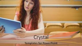  Presentation with lecture hall - Slide set with mature student in lecture hall at the university background and a coral colored foreground