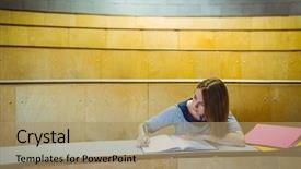  Presentation with lecture hall - Audience pleasing slide deck consisting of mature student taking notes in lecture hall at the university backdrop and a coral colored foreground