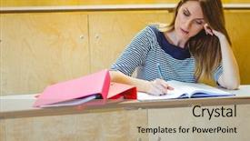  Presentation with lecture hall - Theme consisting of mature student taking notes in lecture hall at the university background and a coral colored foreground
