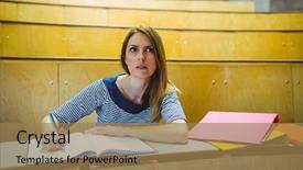  Presentation with lecture hall - Beautiful slide deck featuring mature student taking notes in lecture hall at the university backdrop and a coral colored foreground