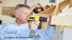  Presentation with drill - Slide set featuring mature student using drill in carpentry class background and a light blue colored foreground