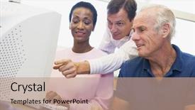  Presentation with skills - Audience pleasing slides consisting of mature students learning computer skills backdrop and a coral colored foreground