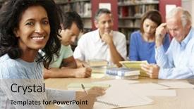  Presentation with library - PPT layouts having mature students working in library background and a coral colored foreground
