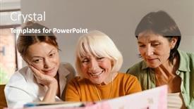  Presentation with photo album - PPT theme enhanced with mature-three-women-looking background and a gray colored foreground