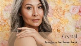  Presentation with floral - Amazing presentation having mature-topless-woman-standing-posing backdrop and a coral colored foreground