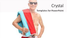  Presentation with swim - Slide deck featuring mature tourist in swim trunks holding a towel and looking at the camera isolated on white background background and a sky blue colored foreground
