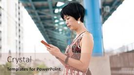  Presentation with train - PPT theme consisting of mature-traveling-woman-waiting background and a coral colored foreground