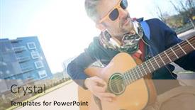  Presentation with guitar - Cool new slides with mature trendy guy playing the guitar in the street backdrop and a coral colored foreground