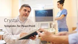  Presentation with lab coat - Audience pleasing slide set consisting of mature-ultrasound-specialist-in-lab backdrop and a lemonade colored foreground