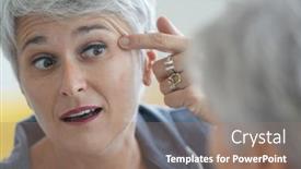  Presentation with eye - PPT layouts featuring mature-white-haired-woman-checking background and a coral colored foreground