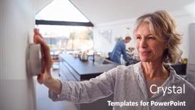  Presentation with control - Theme with mature-woman-adjusting-wall-mounted background and a gray colored foreground