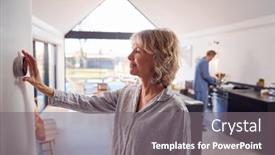  Presentation with control - Colorful PPT layouts enhanced with mature-woman-adjusting-wall-mounted backdrop and a gray colored foreground