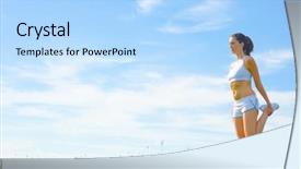  Presentation with complete - Theme consisting of mature woman athlete practicing in a spring meadow from a complete series background and a light blue colored foreground