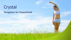  Presentation with complete - Beautiful PPT theme featuring mature woman athlete practicing in a spring meadow from a complete series backdrop and a light blue colored foreground