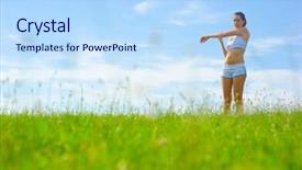  Presentation with complete - Audience pleasing slides consisting of mature woman athlete practicing in a spring meadow from a complete series backdrop and a light blue colored foreground