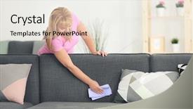  Presentation with room cleaning - Presentation design with mature woman cleaning sofa background and a sky blue colored foreground