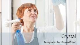  Presentation with cleaning - PPT theme with mature woman cleaning window female background and a light blue colored foreground