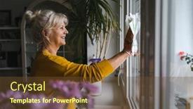  Presentation with home window frame - PPT theme featuring mature-woman-cleaning-windows background and a tawny brown colored foreground