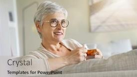  Presentation with hot tea - Beautiful slide deck featuring mature-woman-drinking-hot-tea backdrop and a mint green colored foreground