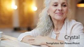  Presentation with retirement - PPT theme featuring mature woman enjoying her retirement background and a mint green colored foreground