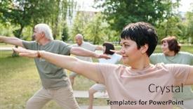  Presentation with group training - Theme featuring mature-woman-exercising-together background and a mint green colored foreground